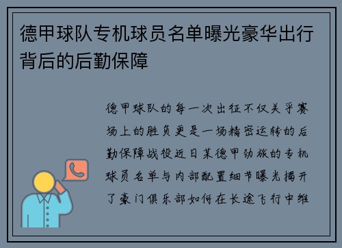 德甲球队专机球员名单曝光豪华出行背后的后勤保障
